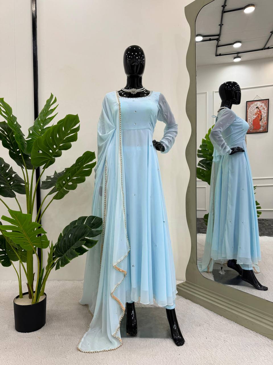 New Launching Sky blue mirror work Anarkali gown