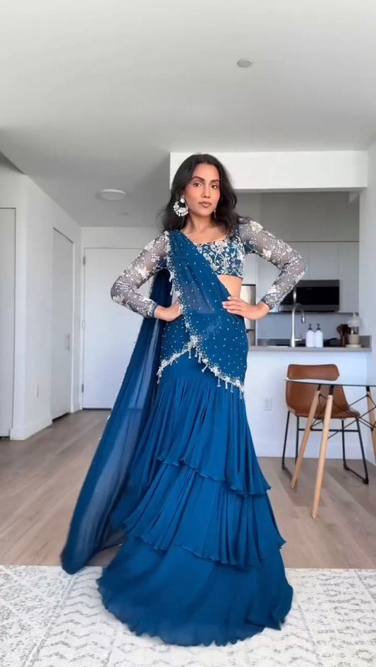 Trending Blue Color Ready to wear Lehenga Saree