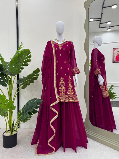 Presenting Embroidered suit with flared Palazzo ensemble