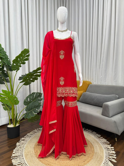 Embroidered Georgette Red Sharara Suit