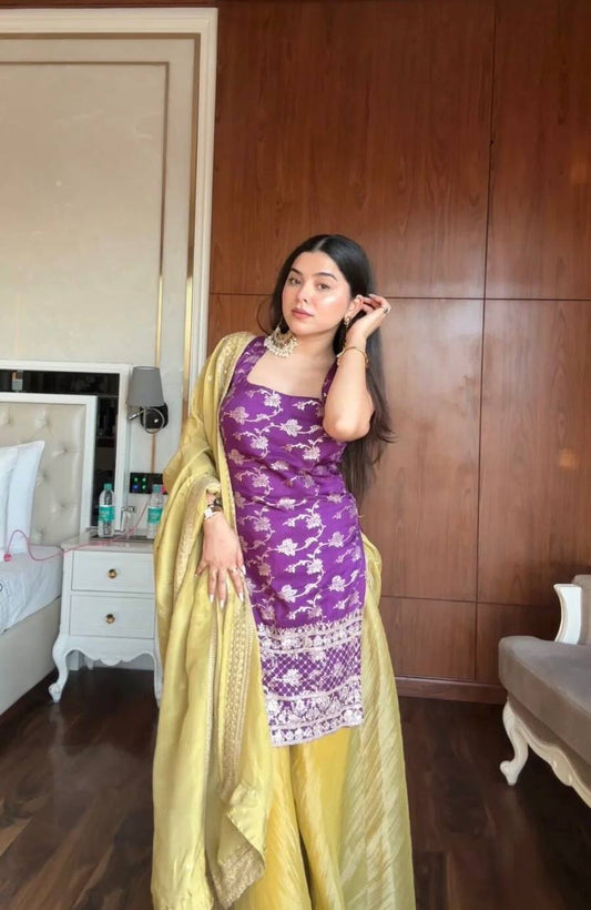 Royal Purple Embroidered Kurti with Mustard Palazzo & Dupatta Set