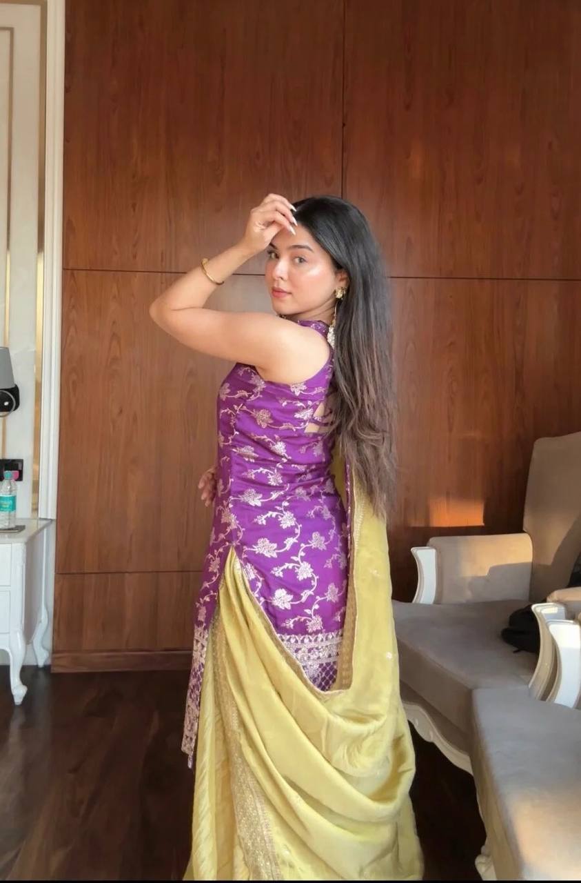 Royal Purple Embroidered Kurti with Mustard Palazzo & Dupatta Set