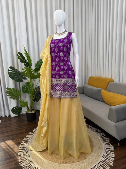 Royal Purple Embroidered Kurti with Mustard Palazzo & Dupatta Set