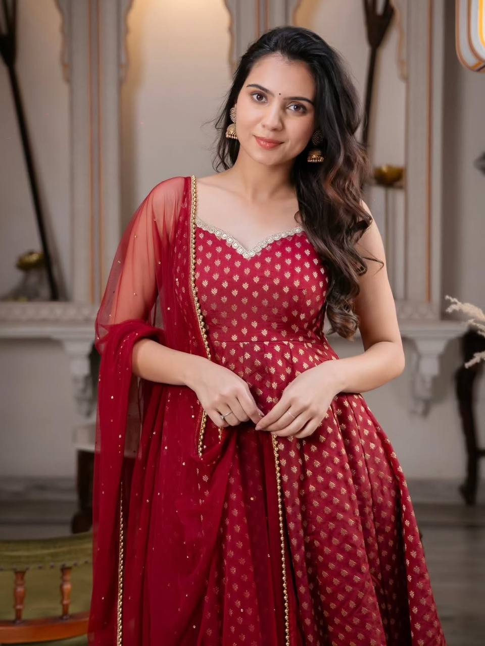 Maroon Jacquard Anarkali Suit
