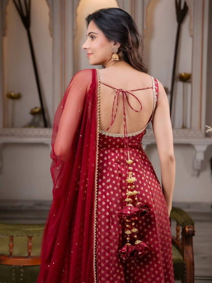 Maroon Jacquard Anarkali Suit