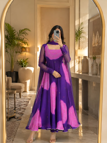 Royal Purple Bandhani Anarkali Suit Set