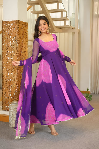 Royal Purple Bandhani Anarkali Suit Set