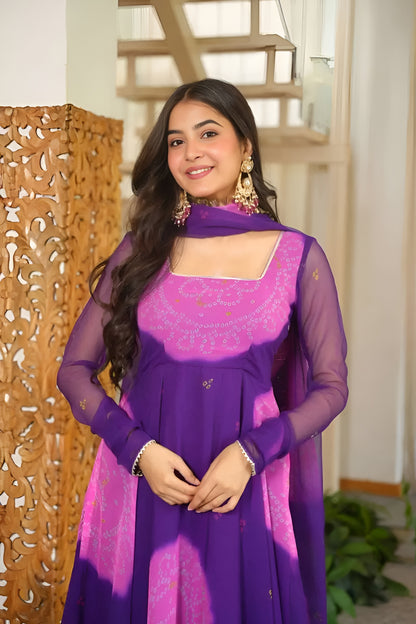 Royal Purple Bandhani Anarkali Suit Set