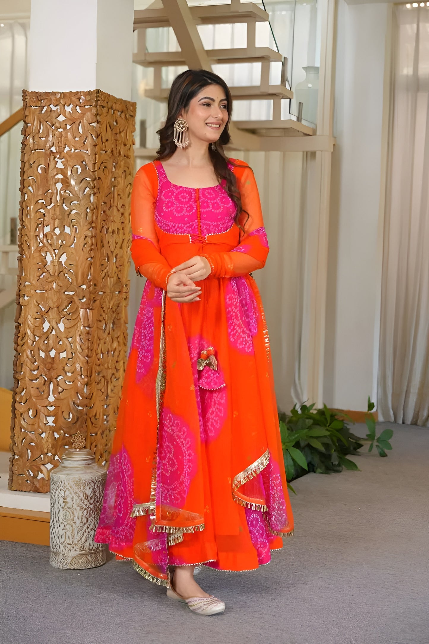 Festive Orange Bandhani Anarkali Suit