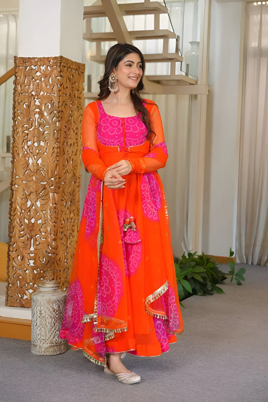 Festive Orange Bandhani Anarkali Suit