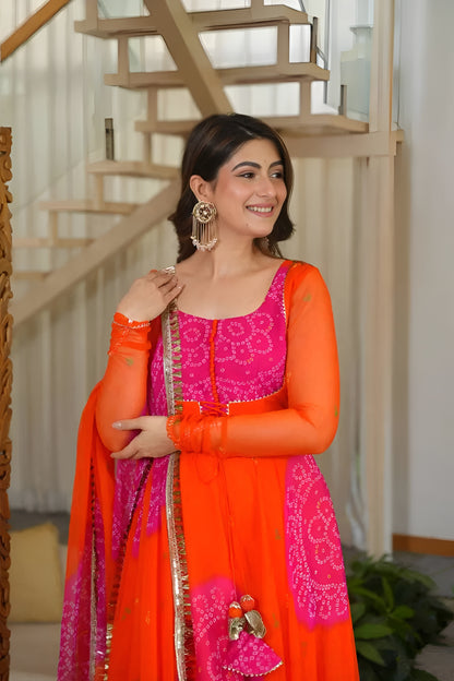 Festive Orange Bandhani Anarkali Suit