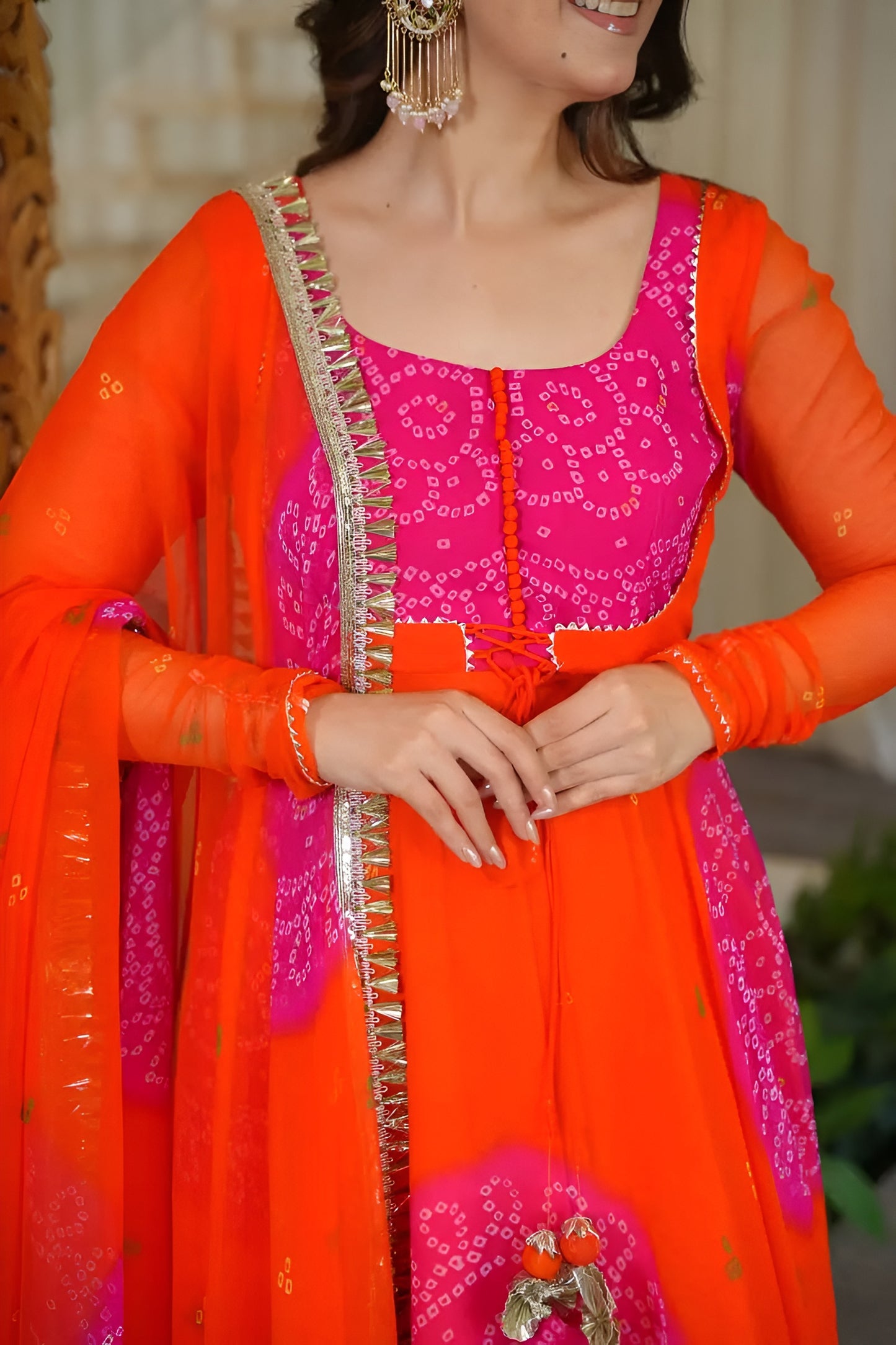 Festive Orange Bandhani Anarkali Suit