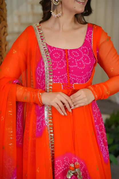 Festive Orange Bandhani Anarkali Suit