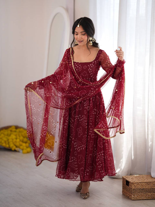 Faux Georgette Bandhani Anarkali with Pant & Sequin Dupatta
