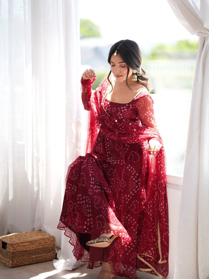 Faux Georgette Bandhani Anarkali with Pant & Sequin Dupatta