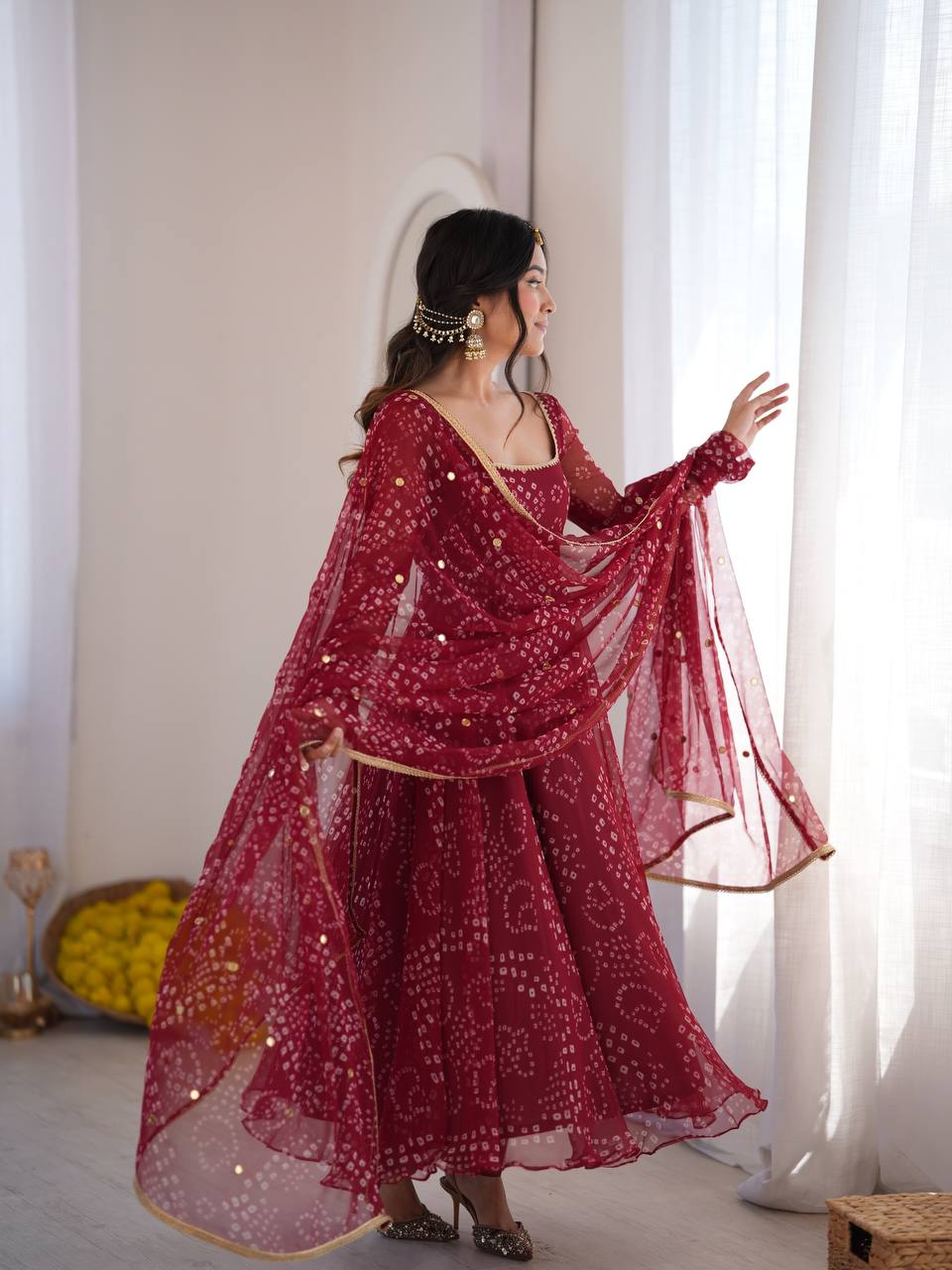 Faux Georgette Bandhani Anarkali with Pant & Sequin Dupatta