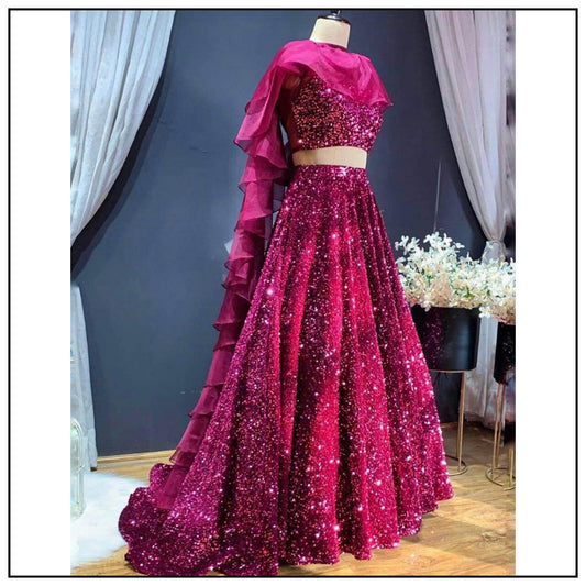 Pink velvet heavy sequence work wedding lehenga choli