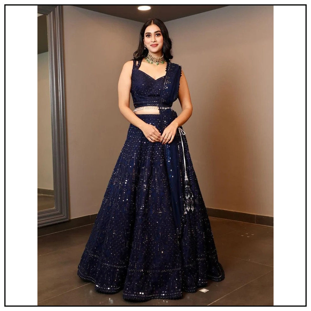 Navy Blue Sequined Georgette Party Wear Lehenga Choli