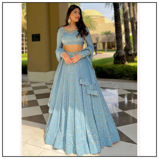 Sky blue georgette heavy embroidered wedding lehenga choli