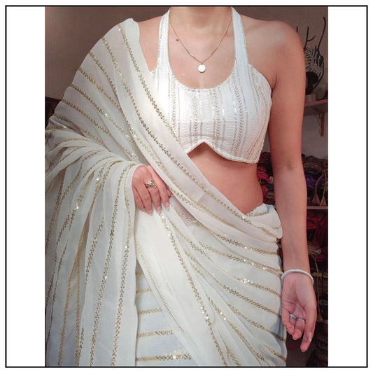 White georgette thread and sequence work party wear saree