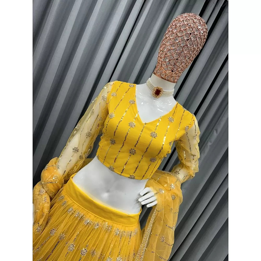 Yellow soft net sequence embroidery work haldi ceremony lehenga choli