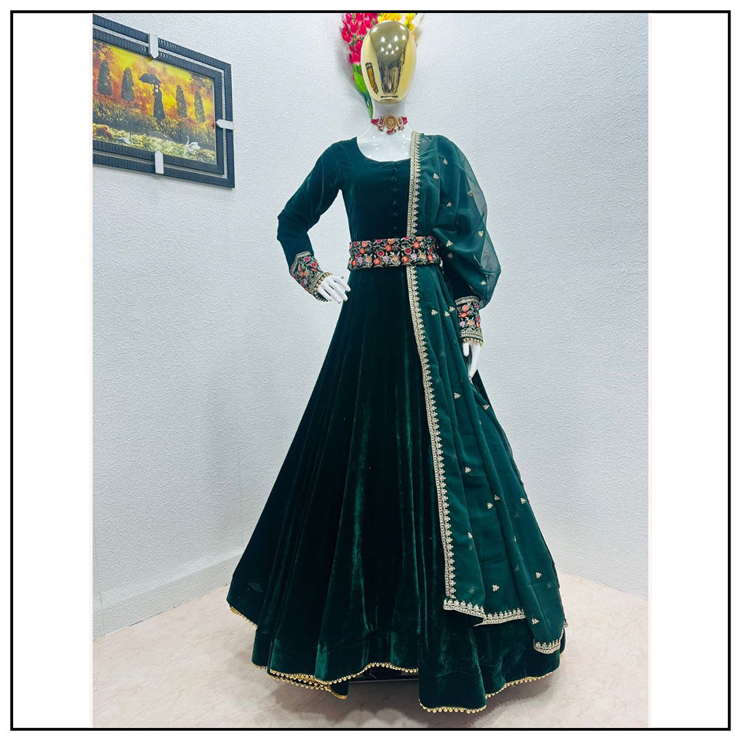 Green velvet long party wear gown